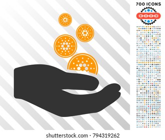 Cardano Coins Payment Hand icon with 700 bonus bitcoin mining and blockchain design elements. Vector illustration style is flat iconic symbols design for bitcoin websites.