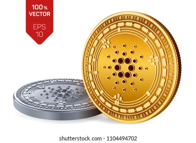 Cardano. Crypto currency. 3D isometric Physical coins. Digital currency. Golden and silver coins with Cardano symbol isolated on white background. Block chain. Vector illustration.