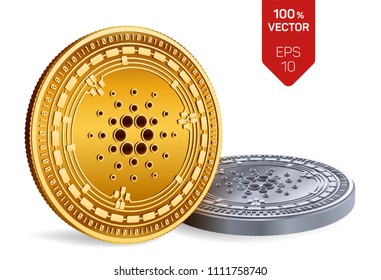 Cardano. Crypto currency. 3D isometric Physical coins. Digital currency. Golden and silver coins with Cardano symbol isolated on white background. Block chain. Vector illustration.