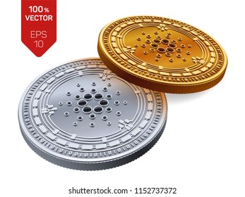 Cardano. Crypto currency. 3D isometric Physical coins. Digital currency. Golden and silver coins with Cardano symbol isolated on white background. Block chain. Vector illustration.