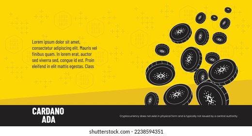 Cardano Crypto currency ADA coin Banner illustration. Global digital currency ADA coins falling or floating flat vector design in yellow background. Lorem ipsum text and copy space.