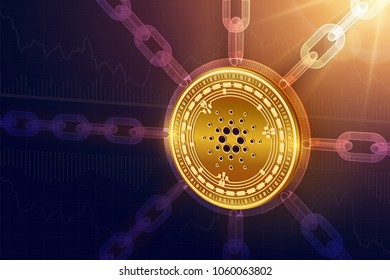 Cardano. Crypto currency. Block chain. 3D isometric Physical Cardano coin with wireframe chain. Blockchain concept. Editable Cryptocurrency template. Stock vector illustration.