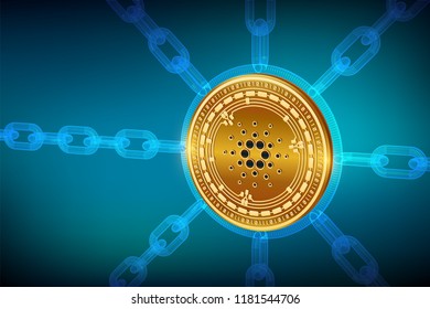 Cardano. Crypto currency. Block chain. 3D isometric Physical Cardano coin with wireframe chain. Blockchain concept. Editable Cryptocurrency template. Stock vector illustration.