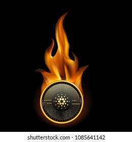 Cardano Cryptocurrency Coin On Fire Background
