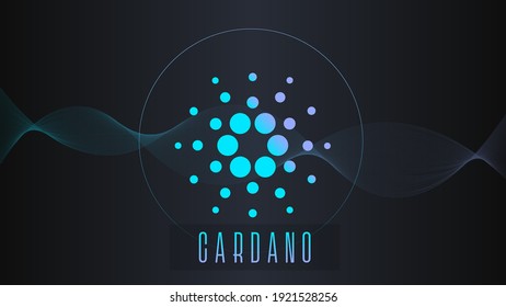 Cardano cryptocurrency colorful gradient logo on dark background with thin line wave.