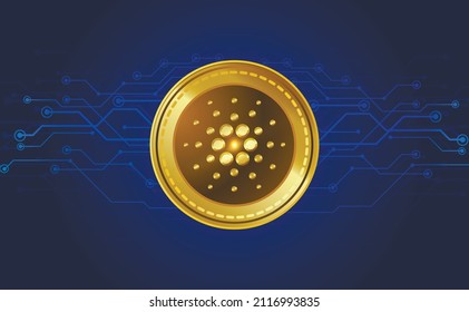 Cardano cryptocurrency token symbol, ADA coin icon in circle with circuit board on blue business background. banner