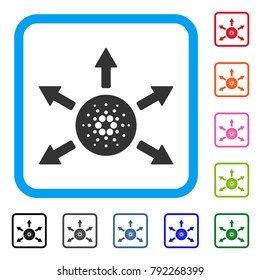 Cardano Distribution Arrows icon. Flat gray iconic symbol inside a blue rounded rectangular frame. Black, gray, green, blue, red, pink color additional versions of cardano distribution arrows vector.
