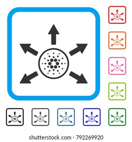 Cardano Distribution Arrows icon. Flat gray pictogram symbol inside a blue rounded squared frame. Black, grey, green, blue, red, orange color variants of cardano distribution arrows vector.