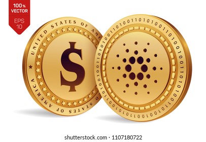 Cardano. Dollar coin. 3D isometric Physical coins. Digital currency. Cryptocurrency. Golden coins with Cardano and Dollar symbol isolated on white background. Vector illustration.