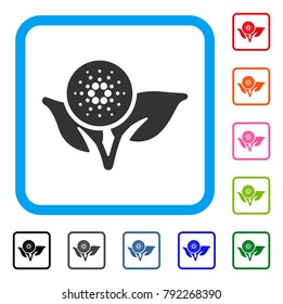 Cardano Eco Startup icon. Flat grey iconic symbol in a blue rounded rectangular frame. Black, grey, green, blue, red, orange color versions of cardano eco startup vector.