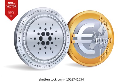 Cardano. Euro Coin. 3D isometric Physical coins. Digital currency. Cryptocurrency. Golden and silver coins with Cardano and Euro symbol isolated on white background. Vector illustration.