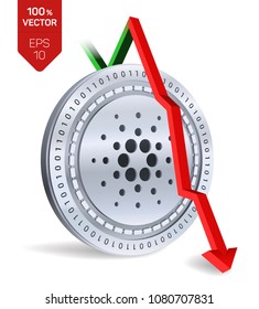 Cardano. Fall. Red arrow down. Cardano index rating go down on exchange market. Crypto currency. 3D isometric Physical Silver coin isolated on white background. Vector illustration.