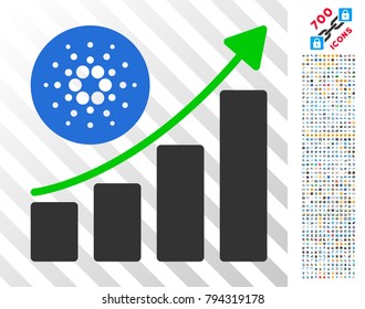 Cardano Grow Up Chart icon with 7 hundred bonus bitcoin mining and blockchain icons. Vector illustration style is flat iconic symbols design for crypto currency software.