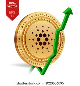 Cardano. Growth. Green arrow up. Cardano index rating go up on exchange market. Crypto currency. 3D isometric Physical Golden coin isolated on white background. Vector illustration
