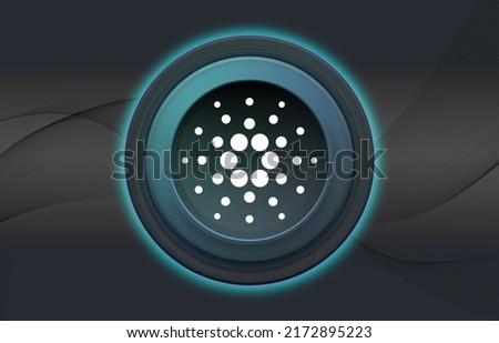 Cardano logo with crypto currency themed circle black background design. Modern neon color banner for ADA token icon. Cardano Cryptocurrency Blockchain technology concept. Dark waves illustration.