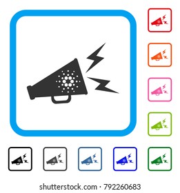 Cardano Megaphone Alert icon. Flat grey pictogram symbol in a blue rounded squared frame. Black, grey, green, blue, red, pink color variants of cardano megaphone alert vector.