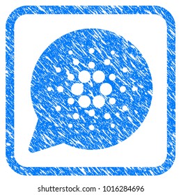 Cardano Message Cloud rubber seal stamp watermark. Icon vector symbol with grunge design and corrosion texture in rounded square frame. Scratched blue sticker on a white background.