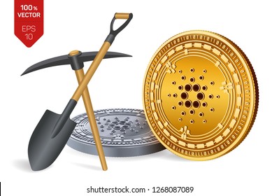 Cardano mining concept. 3D isometric Physical bit coin with pickaxe and shovel. Digital currency. Cryptocurrency. Golden and silver Cardano coins isolated on white background. Vector illustration.