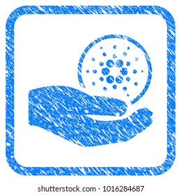 Cardano Offer Hand rubber seal stamp watermark. Icon vector symbol with grunge design and unclean texture in rounded squared frame. Scratched blue sign on a white background.