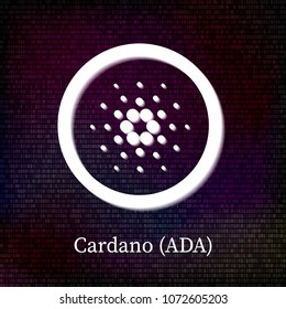 Cardano symbol on dark binary code background. Cryptocurrency icon. Virtual digital money. Blockchain concept. Easy to use vector element of design for websites, social media, apps, logo etc.