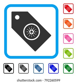 Cardano Tag icon. Flat grey iconic symbol inside a blue rounded rectangular frame. Black, gray, green, blue, red, orange color versions of cardano tag vector. Designed for web and application UI.