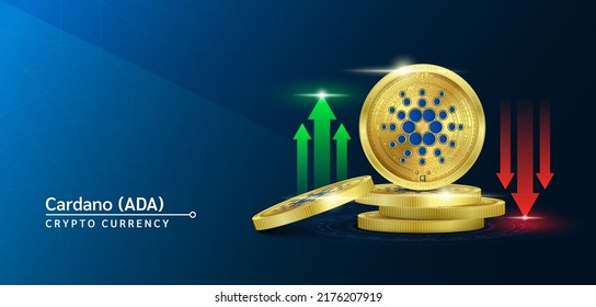 Cardano token cryptocurrency banner. Future currency on blockchain stock market with red-green arrows up and down. Gold coins crypto currencies. Banner for news on a solid background. 3D Vector.