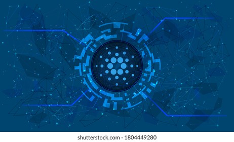 Símbolo de símbolo cardano en un círculo digital con un tema de criptodivisa en un fondo azul. Icono de la moneda de ADA. Oro digital para sitio web o banner. Copiar espacio. EPS10 vectores.