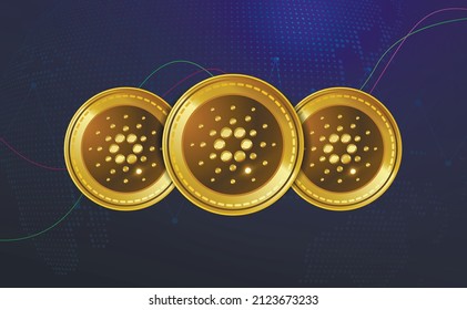 Cardano token symbol. Set of golden realistic cryptocurrency coins on blue crypto business background with growth and fall graph. digital currency. digital coins. Forex. Poster. Vector illustration