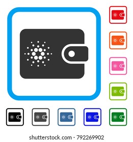 Cardano Wallet icon. Flat gray pictogram symbol inside a blue rounded rectangle. Black, gray, green, blue, red, pink color additional versions of cardano wallet vector.