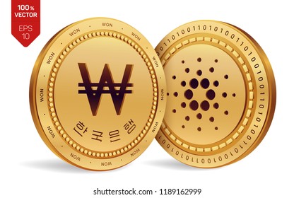 Cardano. Won. 3D isometric Physical coins. Digital currency. Korea Won coin. Cryptocurrency. Golden coins with Cardano and Won symbol isolated on white background. Vector illustration.