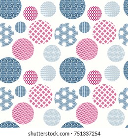 Card,banner or poster with red,blue Japanese motifs on white background.Seamless pattern of geometric patterns in circle