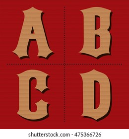 Cardboard alphabet western letters vintage design vector (a, b, c, d)