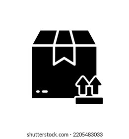 Cardboard With Arrow Up Silhouette Black Icon. Parcel Box This Side Up Glyph Pictogram. Delivery Service Carton Care Packaging Direction Symbol. Freight Box Upward Way. Isolated Vector Illustration.