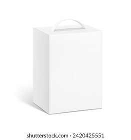 Cardboard bag box with plastic handles mockup. Half side view.  Vector illustration isolated on white background. Ready and simple to use for your design. EPS10.