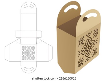 Cardboard bag with chamfered bottom and stenciled pattern die cut template and 3D mockup