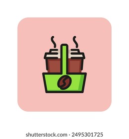 Cardboard bag with fresh takeaway coffee line icon. Coffee shop, coffee delivery, break. Takeaway food concept. Vector illustration can be used for topics like drink, cafe, service