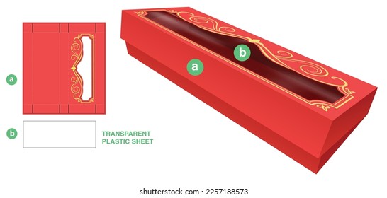 Cardboard bakery long packaging with frame window and transparent plastic sheet die cut template