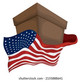 Cardboard ballot box, decorated with patriotic U.S.A flag around it. Design in cartoon style over white background.