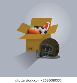 Cardboard with balls of sport and helmet illustration