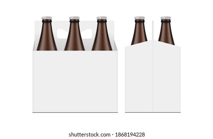 Cardboard Beer Bottle Carrier Packaging Box Mockup, Front and Side View, Isolated on White Background. Vector Illustration svg