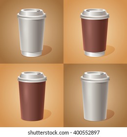 Cardboard / blank white takeaway coffee cup. Different types of paper cup mockup. Vector illustration. Realistic vector illustration.
