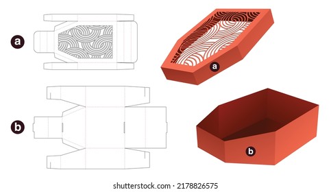 Cardboard boat shaped box with stenciled curved pattern lid die cut template and 3D mockup