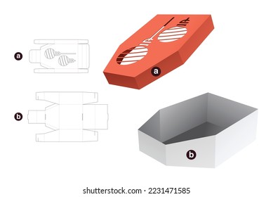 Cardboard boat shaped box with stenciled Christmas ball lid die cut template and 3D mockup