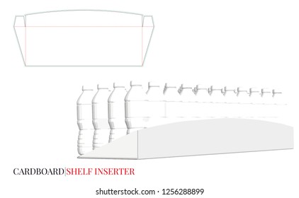 Cardboard Bottles Shelf Template, Display Stand, Corrugated Cardboard Shelf Inserter. Vector with die cut layers. White, clear, blank, isolated Cardboard Shelf mock up on white background.