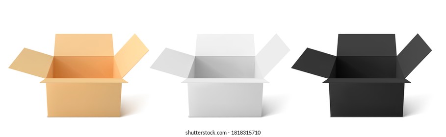 Caja de cartón de 3 tipos: color, negro, blanco. Cajas abiertas vacías aisladas en fondo blanco. Ilustración vectorial.