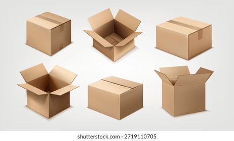 Caja de cartón. Maqueta 3D. Paquete de papel de cartón abierto con diferentes ángulos de visión. Entrega realista del paquete. Contenedor de almacenamiento o entrega vacío marrón. Transporte cerrado. Vector aislado ilustración