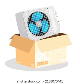 Cardboard box with air conditioner unit, preparing for hot summer season. Maintaining comfortable temperature in room. Cartoon vector isolated on white background