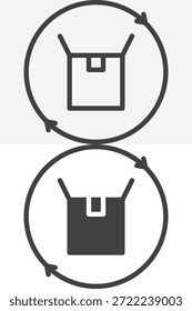 Caja de cartón con las flechas alrededor del icono fijado en diverso estilo. Línea, contorno e icono sólido con trazo editable. Signo de Vector y símbolo para el icono del paquete.