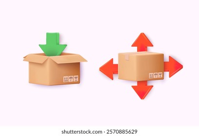 Cardboard box with arrows to represent delivery and logistics. 3D Web Vector Illustrations.