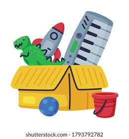 Cardboard Box of Baby Toys, Rocket, Dinosaur, Piano, Ball Cute Objects for Kids Development and Entertainment Cartoon Vector Illustration on White Background